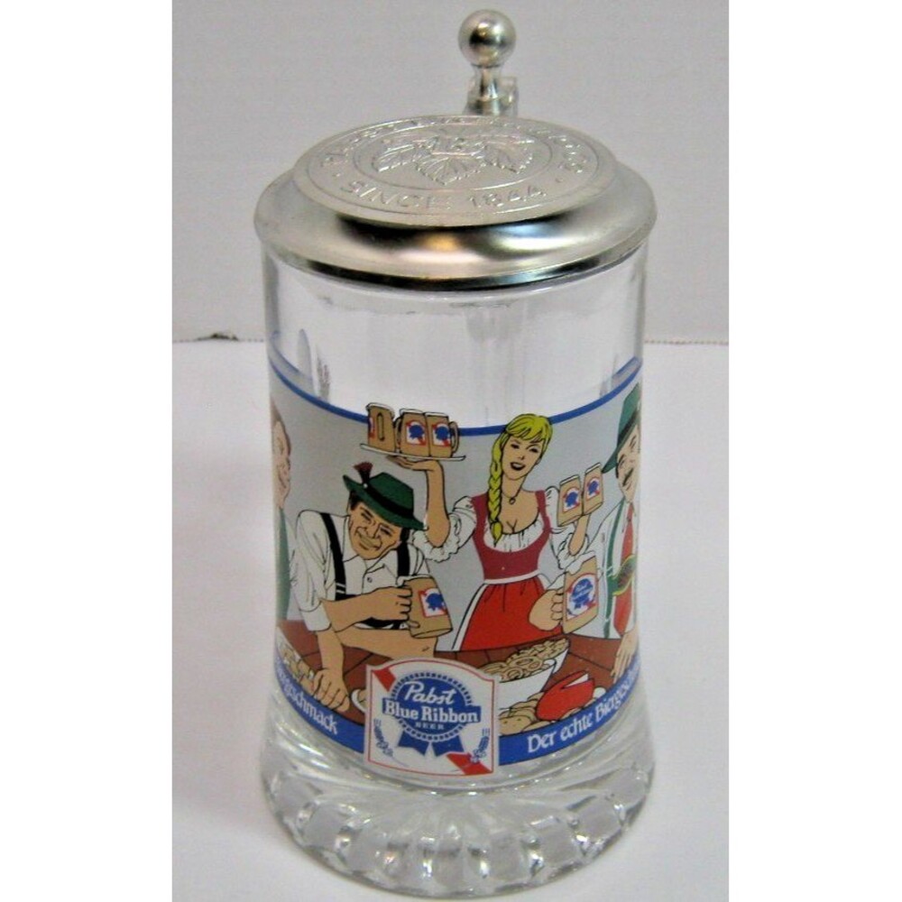 Pabst Blue Ribbon Glass Beer Stein Mug w/ Pewter Lid "Since 1844"